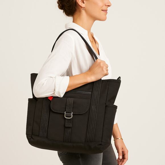 Hedgren Ramble Black RFID Nylon Laptop Tote Bag Sustainable Travel Work - Picture 1 of 9